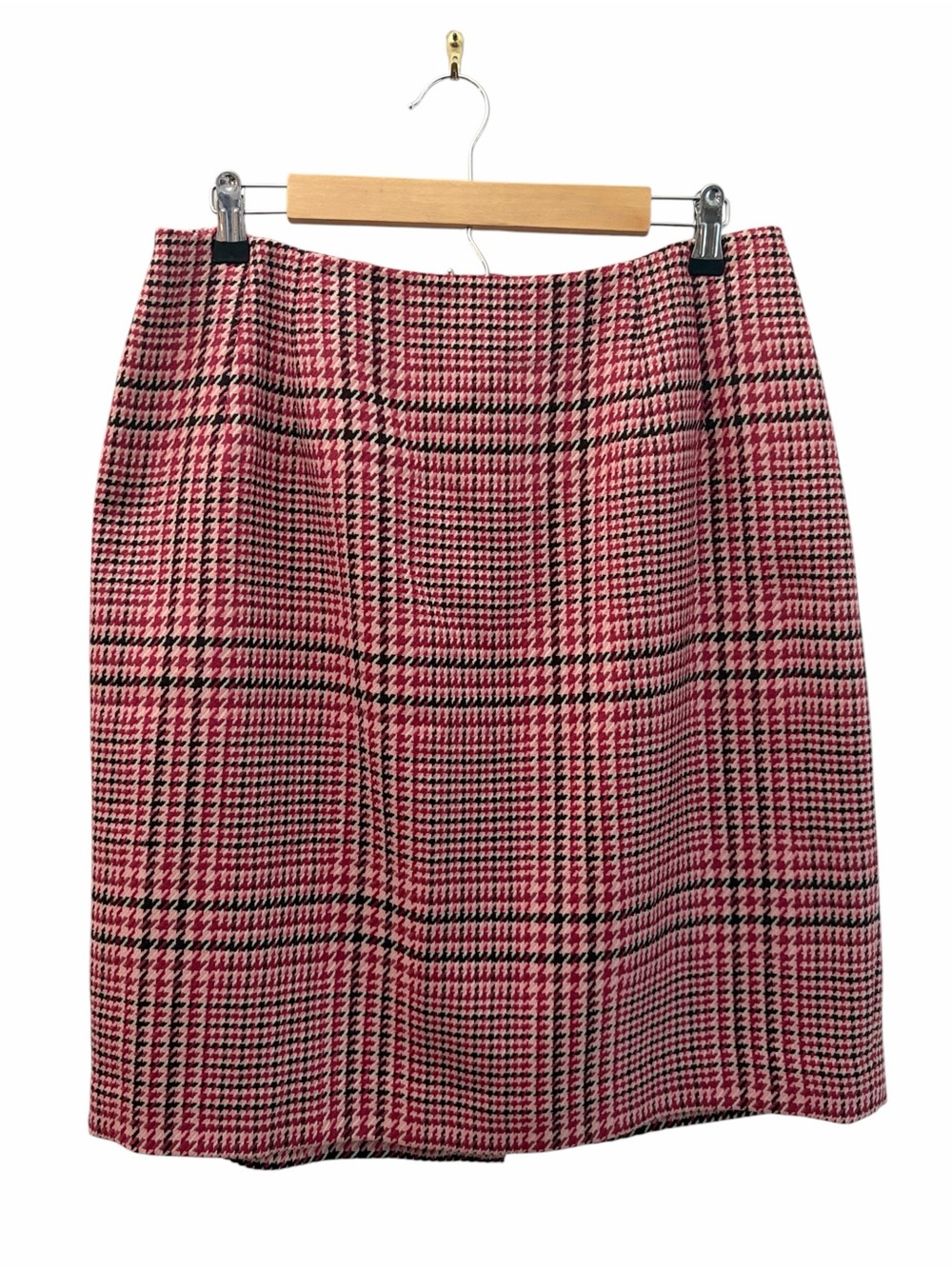 Talbots Petites 100% Wool Houndstooth Pink Plaid Pencil Skirt 14W Office Preppy